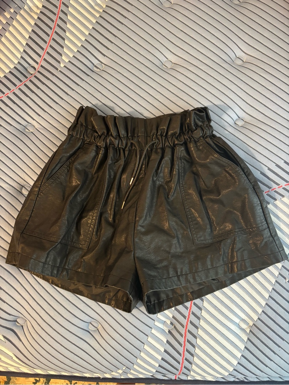 High-Waist Black Faux Leather Paperbag Shorts with Pockets
